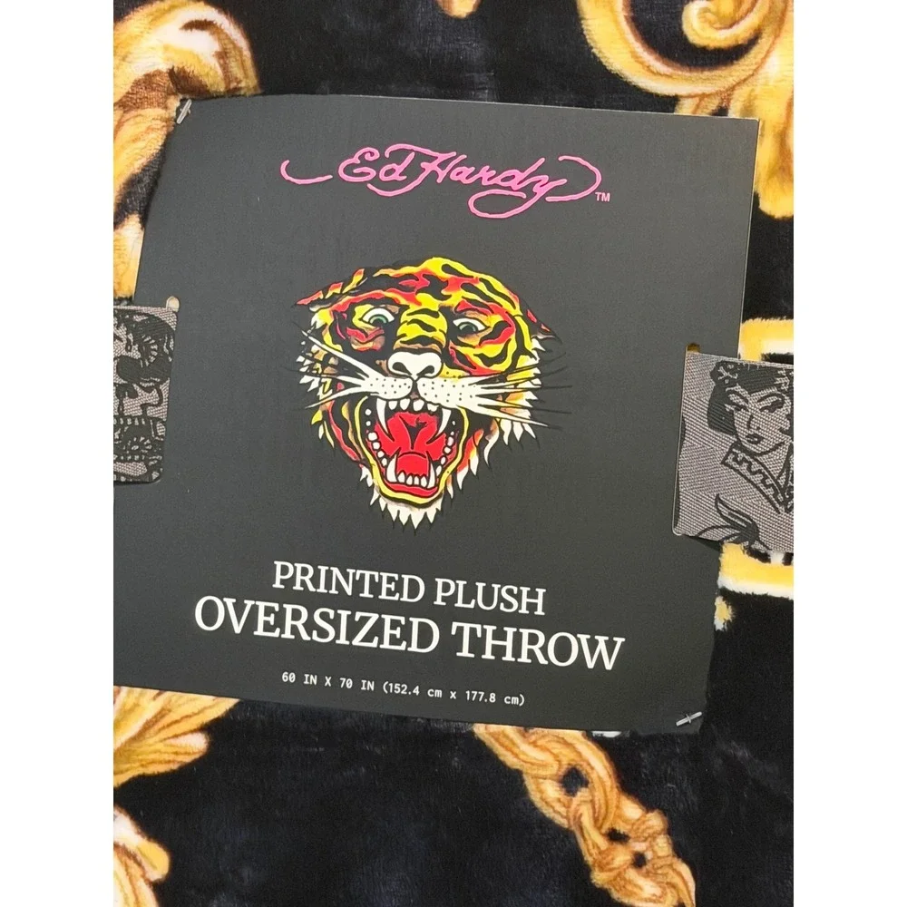 Ed Hardy Love Kills Slowly Oversized Plush Throw Blanket Black Gold Skull 60x70